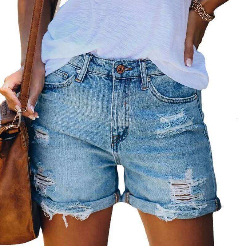 DongCMY 2025 women's new casual fashion all fit hole personality straight pants pocket denim shorts H260206