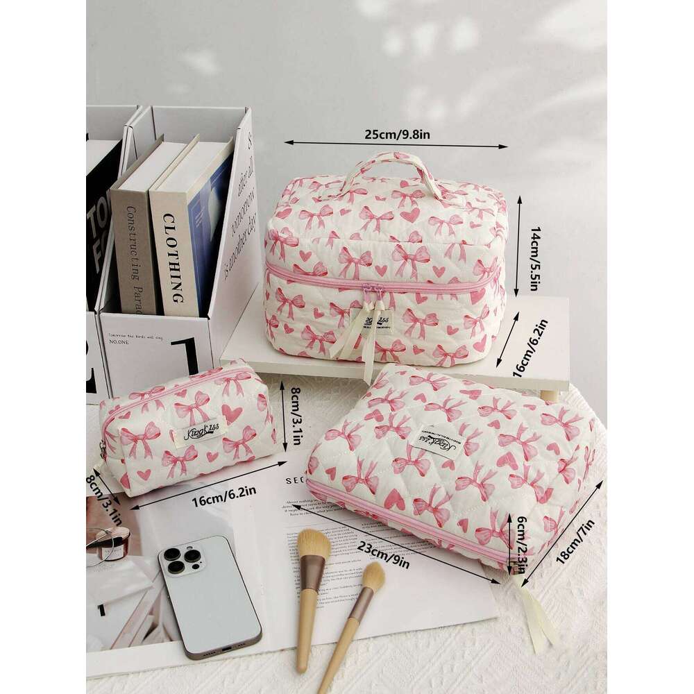 Bow Pattern Bag Set, Cute Cosmetic Large Capacity Travel Toiletry Bag, Zipper Makeup Organizer Pouch Y260206