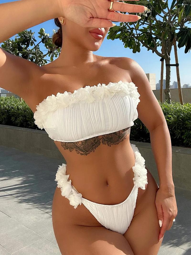 Women's Swimwear 2026 Summer White Flower Embroidery Swimsuit Women Sexy Strapless Bikini Set Push Up Bandeau Backless Bandage Beachwear