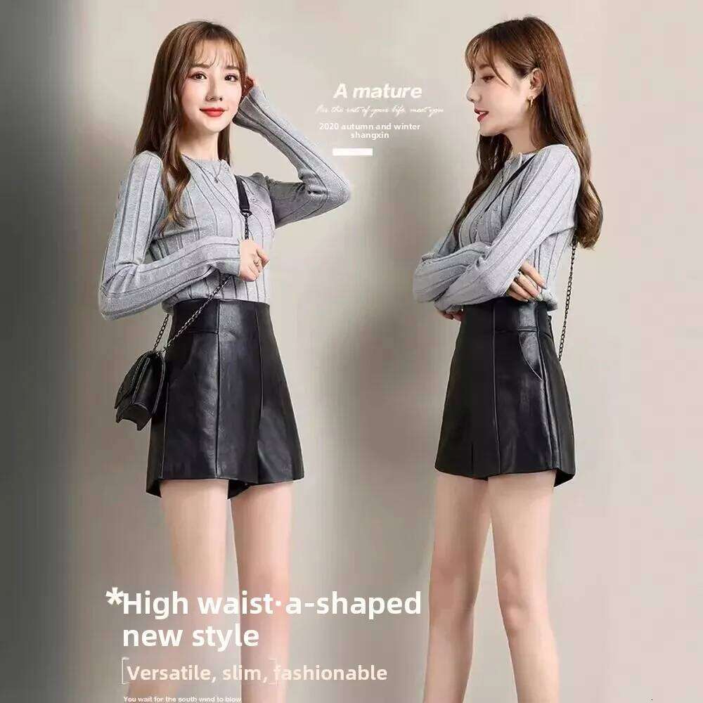 Black Leather Wide Leg Short Pants High Waist Women's Autumn Winter Loose Slimming Boot Cut Trousers plus Size Outerwear XJ260206