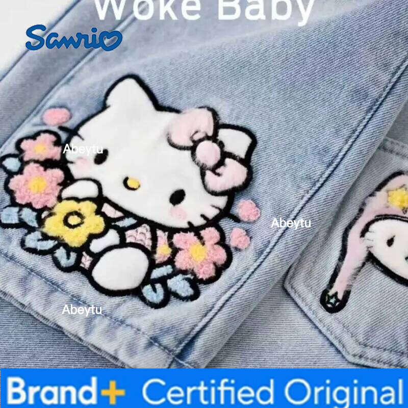 Sanrio Hello Kitty Girls Jeans Straight Wide Leg Loose Fit Fleece-Lined Warm Spring Autumn Winter Sweet Kawaii Kids Denim Pants H260206