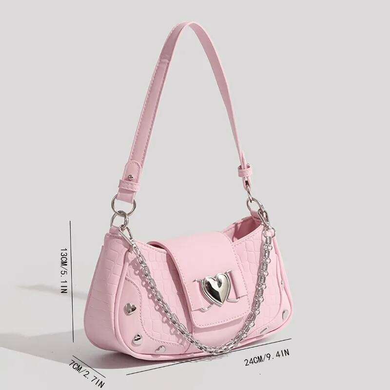 Fashionable Y2K Hot Girl Handbag, Motorcycle Style Solid Color Women's Bag, Commuting Heart Chain Shoulder Armpit Bags Y260205