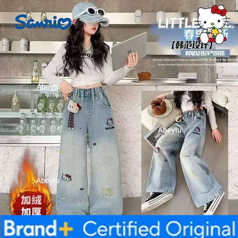 Sanrio Hello Kitty Jeans Girl Boy Kids Kawaii Casual Fashion Warm Autumn Winter Embroidery Wide Mouth Pants Children's Clothing H260206