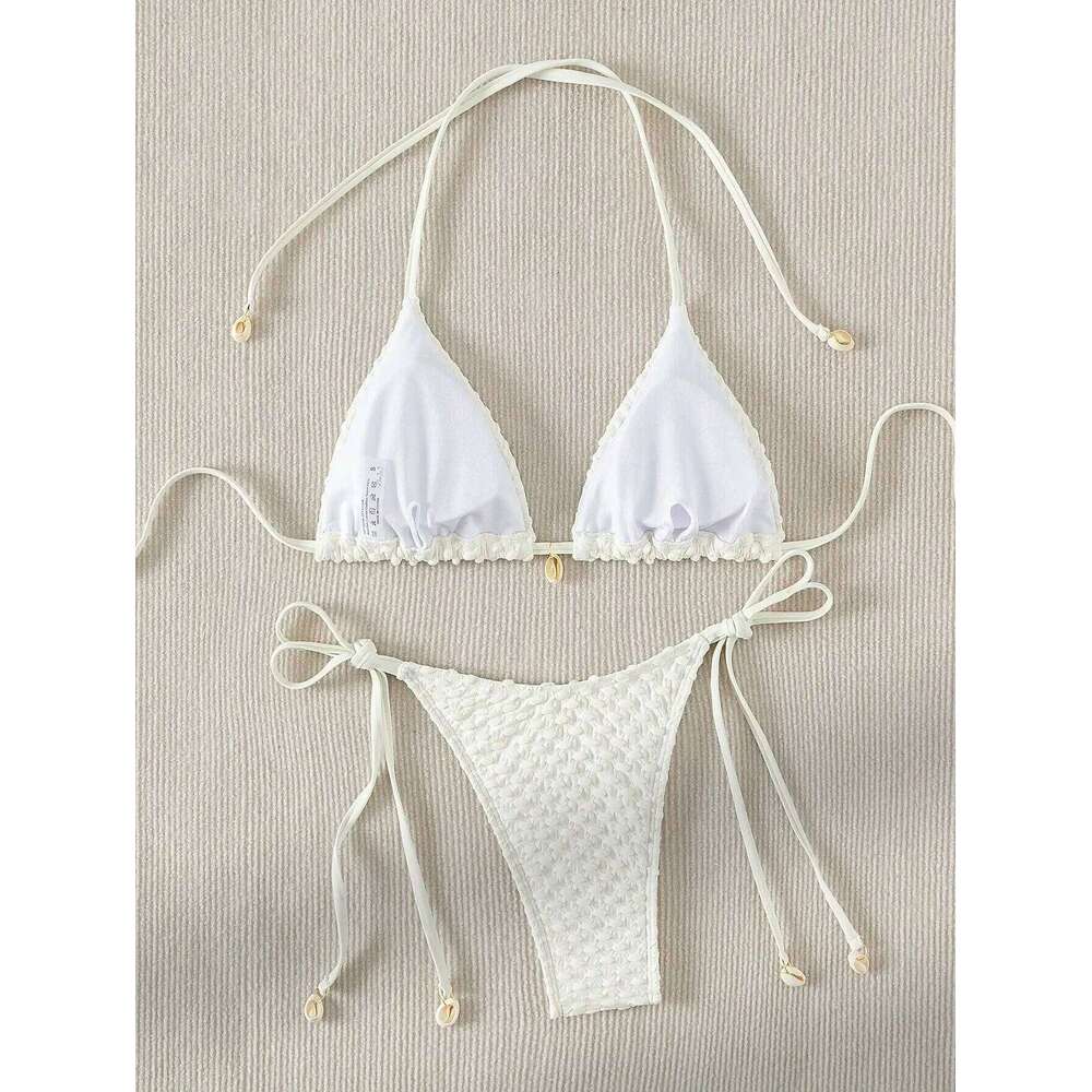Sexy Bikini Set White Shell Swimsuit 2025 New Halter Push Up Micro Bikinis Summer Bathing Suit Tie Side Thong Swimwear Z260206