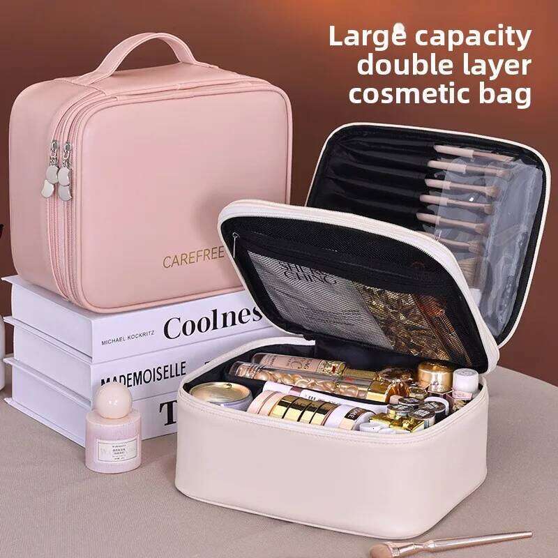 New Double-Layer Four-Zone PU Large Cosmetic Bag for Women, Portable, High-End, Large-Capacity Makeup Organizer Box Y260206