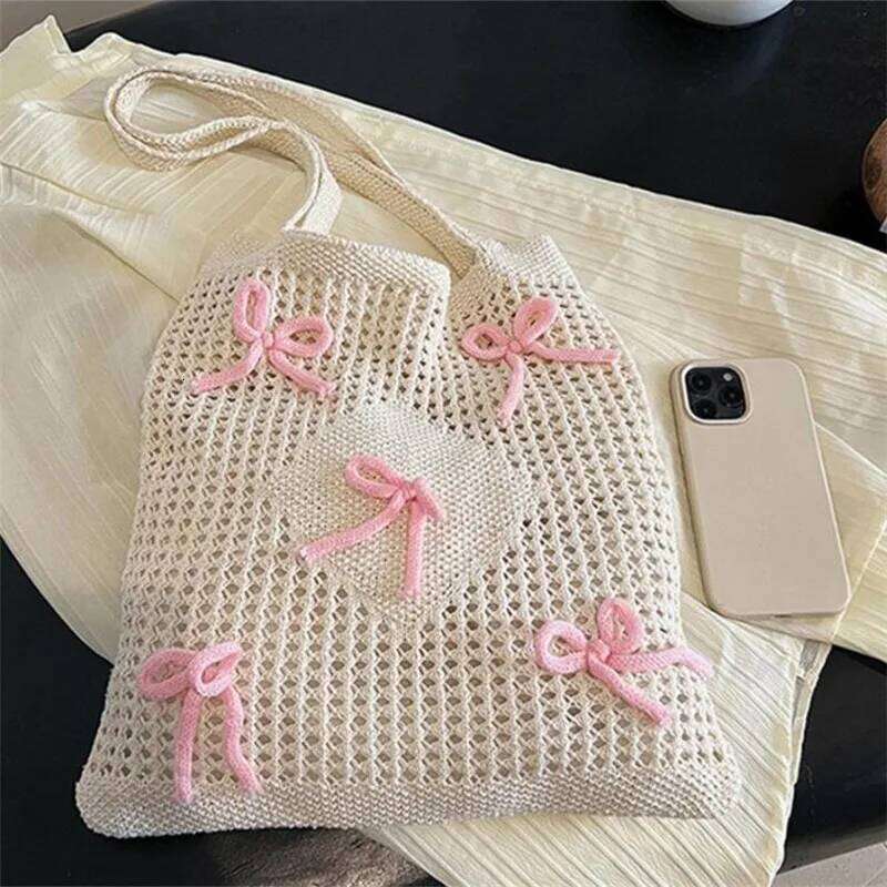 Preppy Style Crochet Tote with Butterfly Accents, Solid Color Polyester Shoulder Bag, Foldable Fashion Beach Bag Y260205