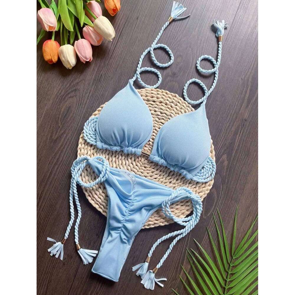 RUOTONSEPT 2024 Sexy Women Swimsuit Braiding rope Bikini Set Two-piece Triangle Solid Swimwear Bathing Suit Brazilian Biquinis Z260206