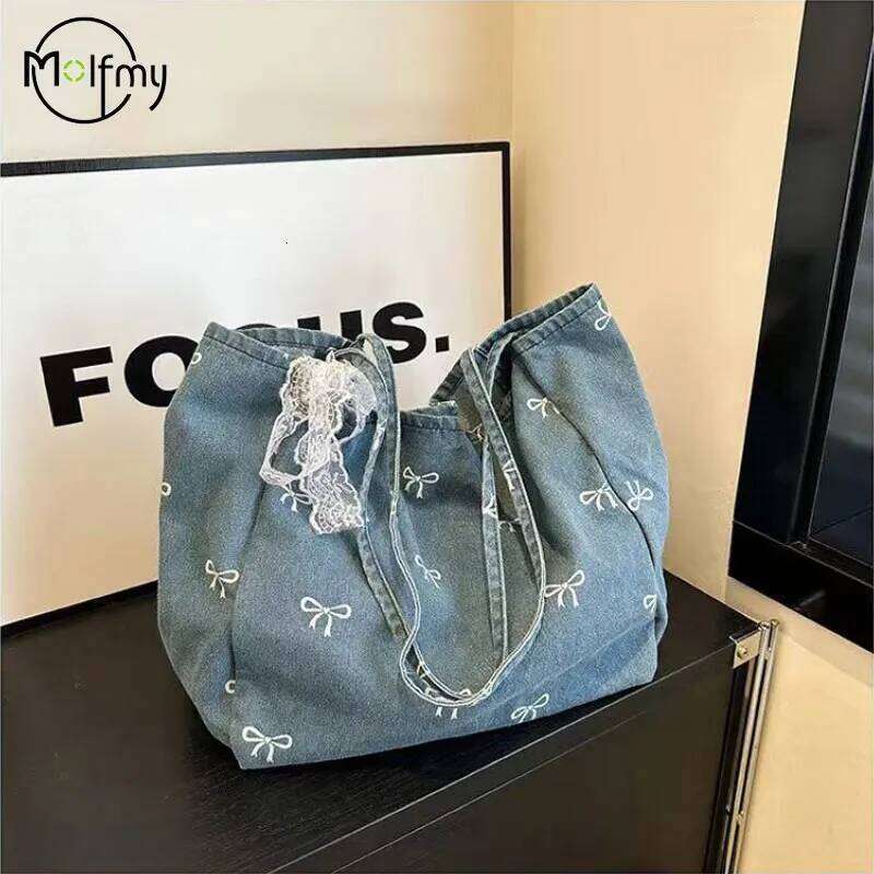 Cowboy Canvas Bag Ladies' Bow Versatile Tote Bags Large Capacity Casual Shoulder Handbag Travel Shopping Vacation Free Shiping Y260205