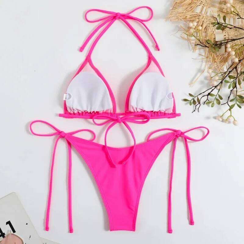 Sexy Women Thong Solid Color Bikini Set Side Halter Tie Swimsuit Ladies Split Strap Adjustable Brazilian Swimwear Beachwear Z260206
