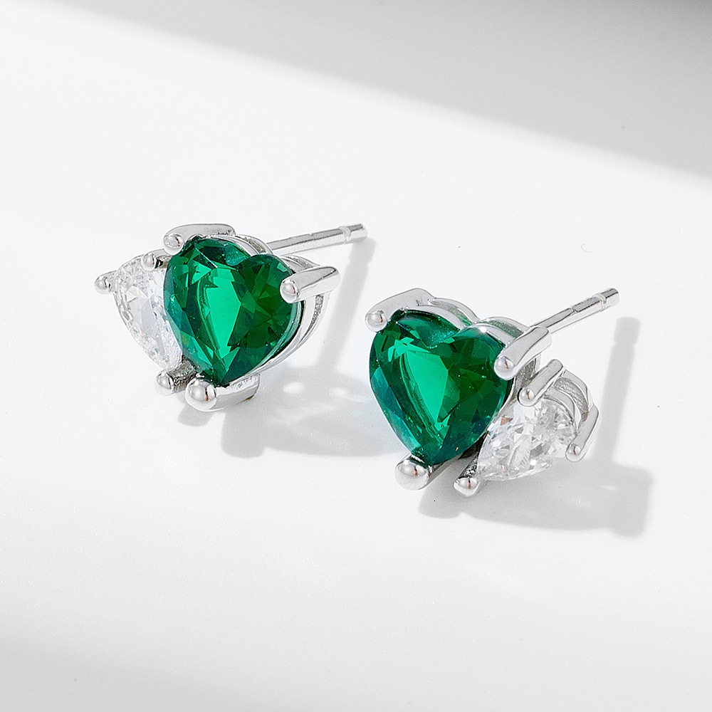 emerald heart-shaped zircon sterling silver earrings for women, niche design, simple and elegant, high-end feel
