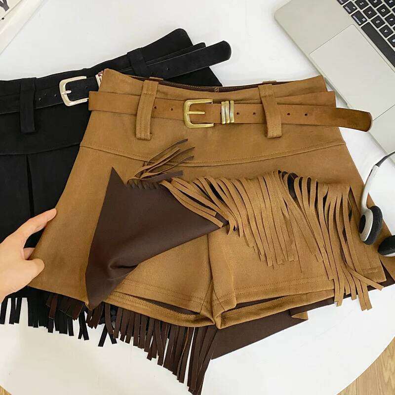 Autumn Winter Women's Faux Suede Skirts Retro High Waist Irregular Tassel Short Pants Side Zipper Anti-glare Boot Shorts XJ260206