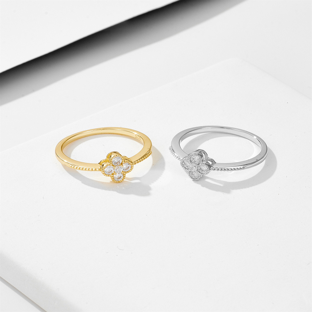 S925 Sterling Silver Inlaid Diamond Four-Leaf Clover for Women, Light Luxury Design, High-End Feel, Classic Versatile Fresh Style Ring Jewelry