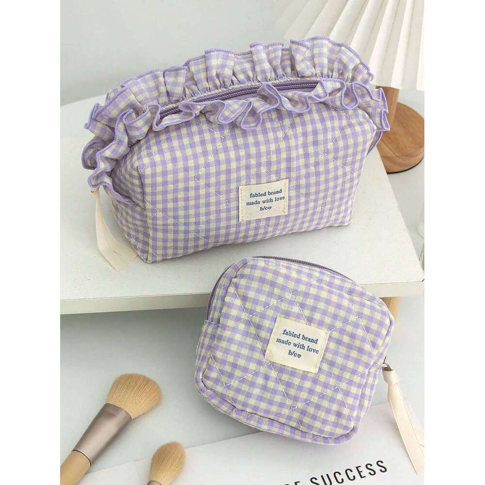 1pc/set Lace Plaid Quilted Multifunctional Portable Travel Storage Bag, Cute Ruffle Makeup Bag Y260206