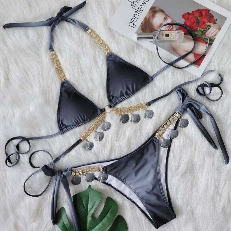 Pink Sexy Bikinis 2025 Swimsuit With Rhinestones Women Swimwear Female Push Up Bikini Beach Swim Wear Bathing Suits Pool Bather Z260206