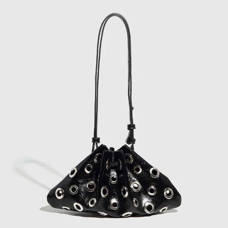 Women Metal Stud Shoulder Large Capacity Retro Hollow Drawstring Crossbody Bag Shopping Vacation Handbag Y260205