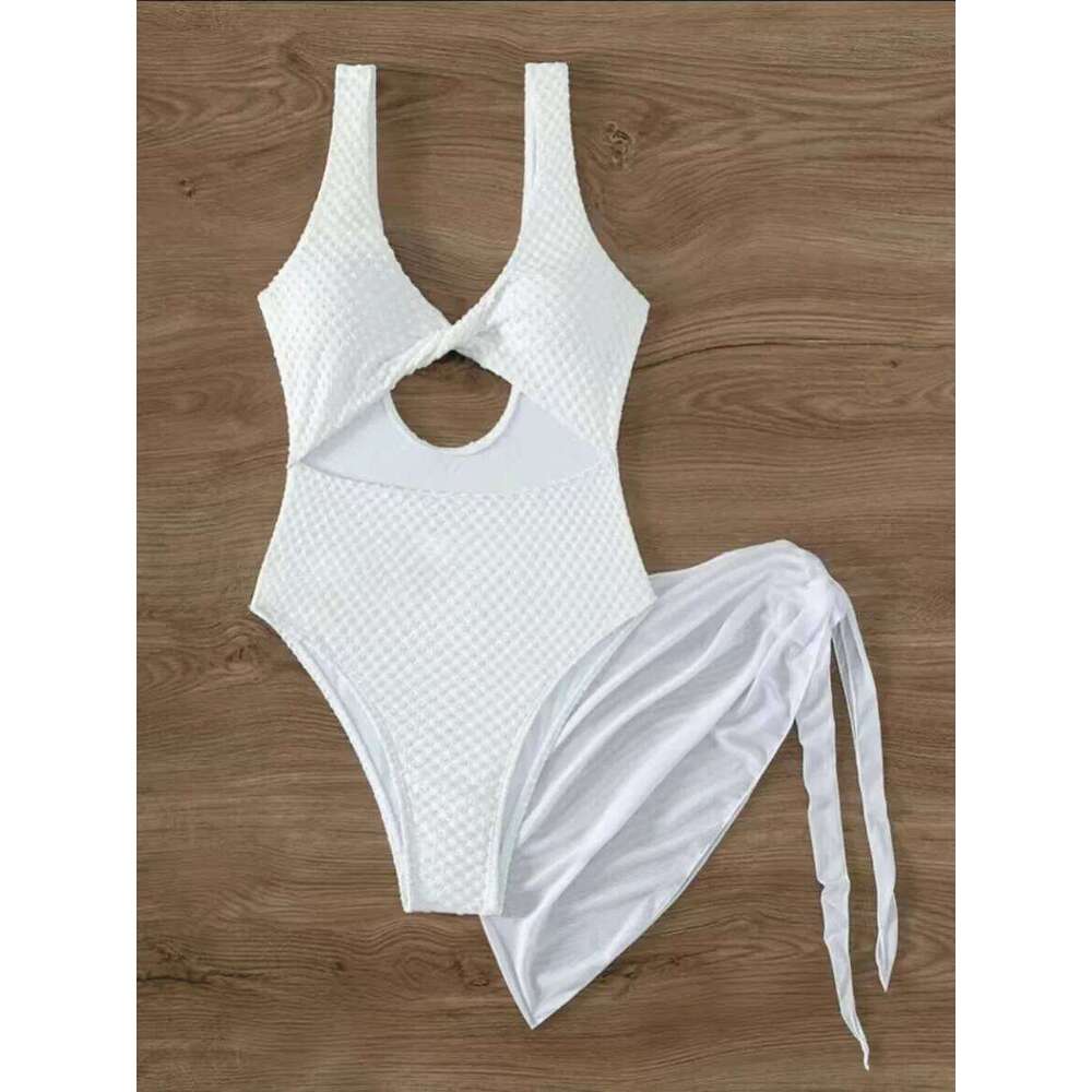 sexy white front knot hollow out swimsuits two pieces with mesh cover skirt bikinis bathing suit beach outfits biquini tankini XJ260206