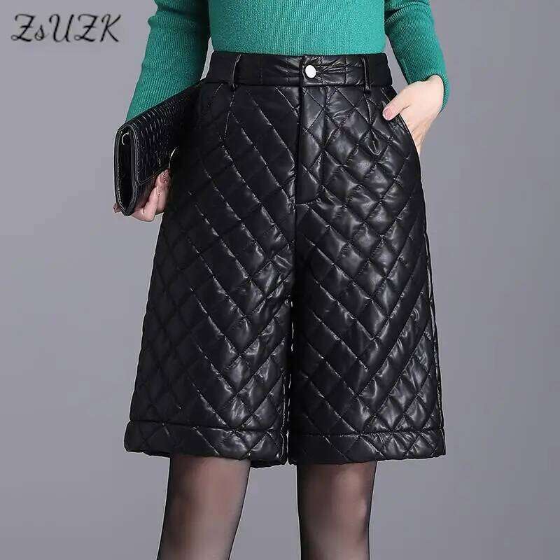 ZUZK Black PU Leather Thick For Women Winter Warm Long Shorts Motorcycle Punk High Waist Bermuda Femme XJ260206