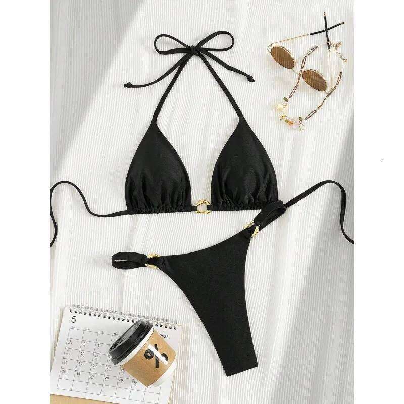 Classic Solid Color Split Bathing Suit Women Metal Buckle Halter Bandage Bikini Set 2026 New Summer Beach Sexy Trendy Swimwear XJ260206
