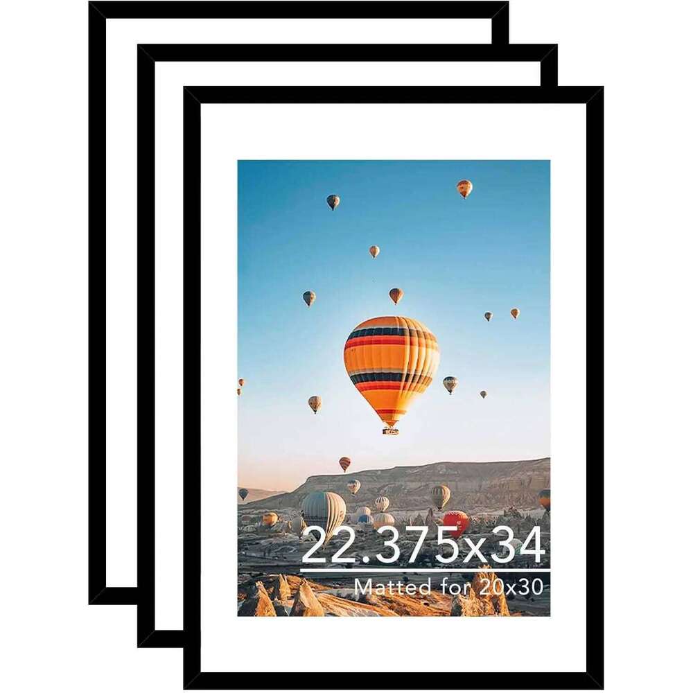 3 Pack Black Picture 22.375x34 with Mat for 20x30 Photos, Plexiglass Wall Hanging Poster Frame Set S260205