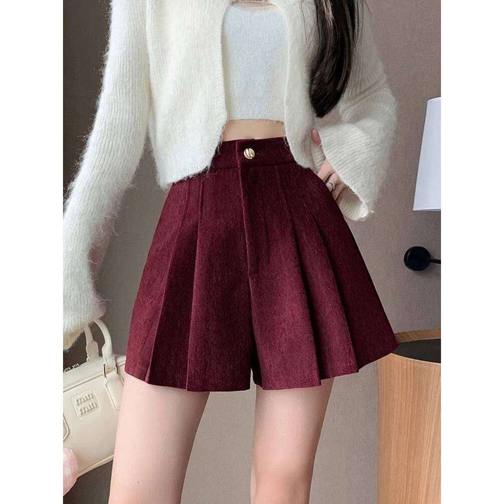 Fashion Pleated Woolen Winter Woman High Waist Streetwear Booty Skirts Shorts Women A-Line Culottes Wide Leg Short Femme XJ260206