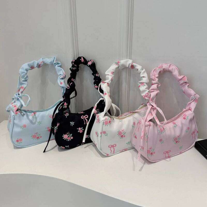 Women's Bags 2026 Summer Canvas Pleated Handbags Armpit Korean Floral Bow Printed Zipper Tote Female Small Shoulder Bag Y260205