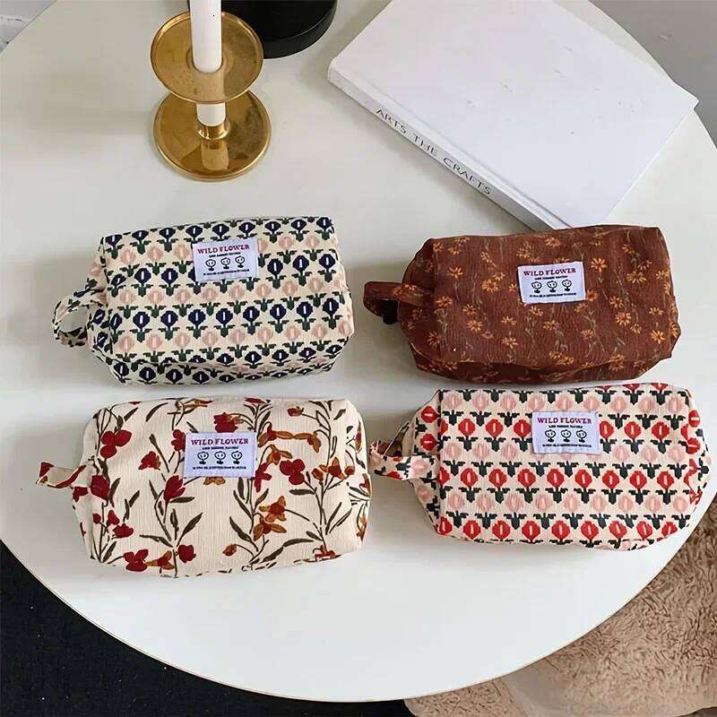 Corduroy Makeup Bags for Women Floral Print Cosmetic Pencil Travel Toiletry Storage Bag Organizer Beauty Case Y260206