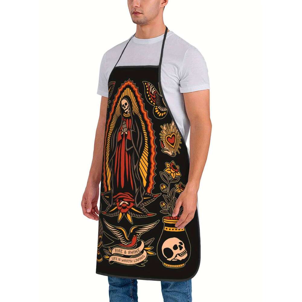 Retro Tattoo Design Skull & Floral Print with "Rise From Ashes" Quote - Durable Kitchen Apron for Cooking, Restaurants S260205