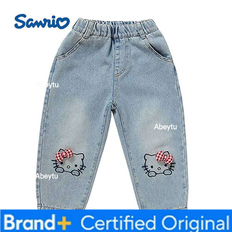 Sanrio Spring Autumn Baby Girls Denim Pants Cartoon Hello Kitty Loose Straight Casual Jeans For 2-6 Years Kids Children Soft Trousers H260206