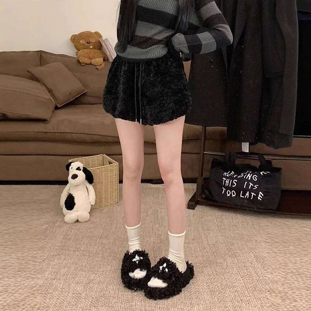 Women's Thickened Lamb Fur Short Winter High Waist Straight Wide Leg Boots A- Line Casual Pants Polyester Fiber XJ260206