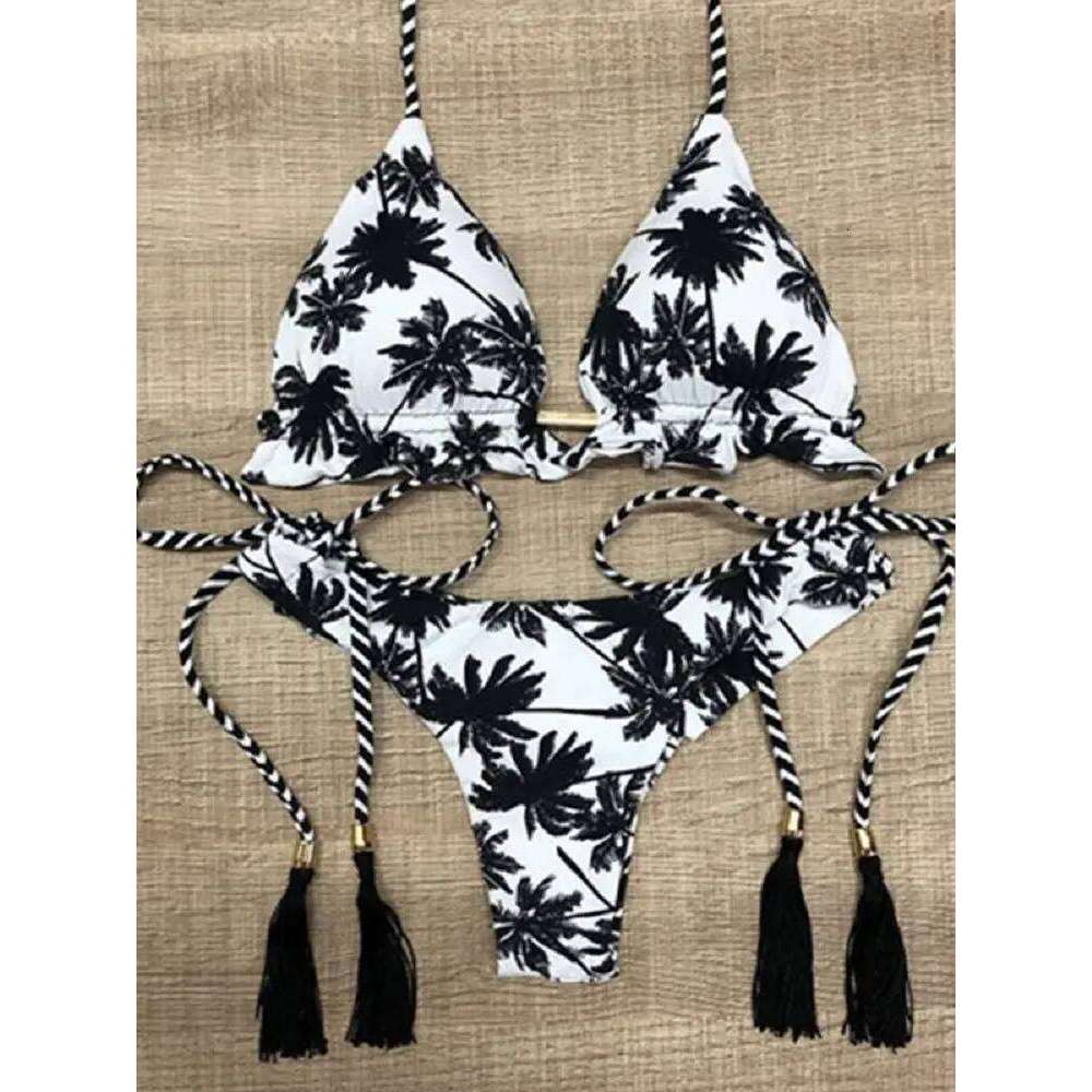 2019 Sexy Halter Women Thong Micro String Padded Swimwear Brazilian Bikini Bandage Tropical Plant Print Swimsuit XJ260206