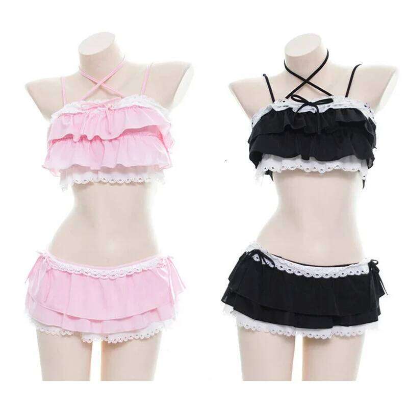 Cute Girls Lolita Ruffle Bikini Sukumizu Cosplay Pink And Black Color Swimsuit Hollowed Multilayer Hem Biquini Women Swimwear Z260206