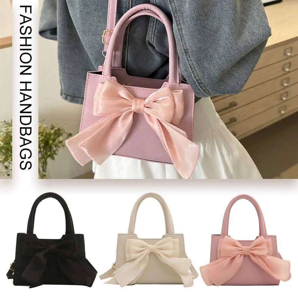 Women PU Bow Handbag Fashion Shoulder Large Capacity Square Tote Solid Color Simple Crossbody Bag for Party Vacation Y260205