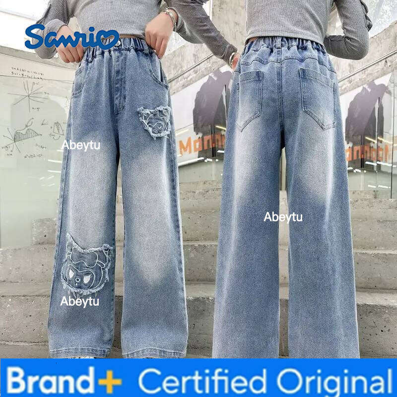 Sanrio New Autumn Korean Children With Cartoon Cat For Girl Elegant Straight Fit Denim Pants Kids Fashion Street Jeans Trousers H260206