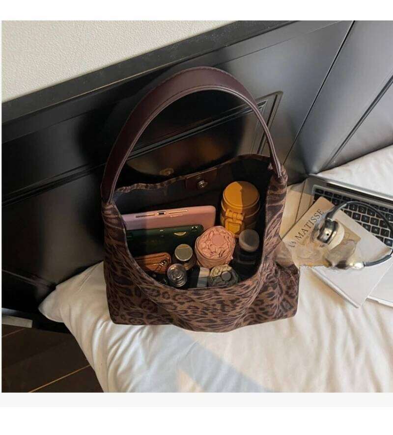 New Retro Casual Shoulder Trendy Fashion Underarm Large Capacity Leopard Print Tote Bag Women Y260205