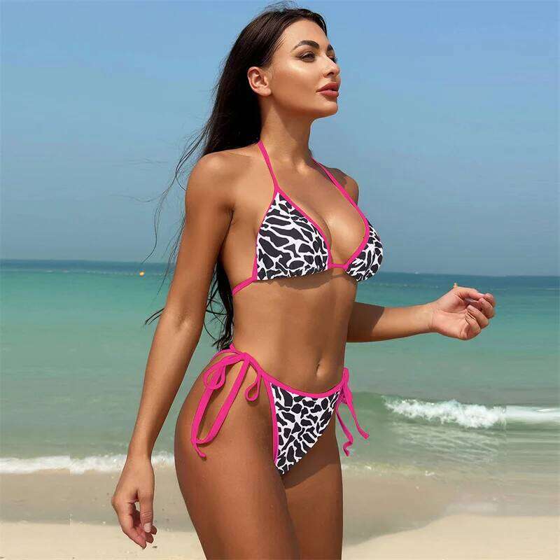 Sexy Thong Mini Bikinis Set Halter Swimwear Women Triangle Swimming Costume Padded String Ladies Low Waist Top and Tie Side XJ260206