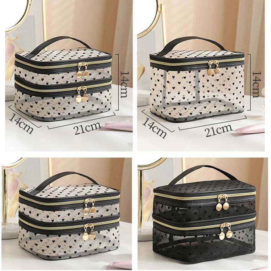 Double-layers Black Mesh Cosmetic Bag Travel Portable Large-Capacity Makeup Case Organizer Storage Pouch Zipper Toiletry Bags Y260206