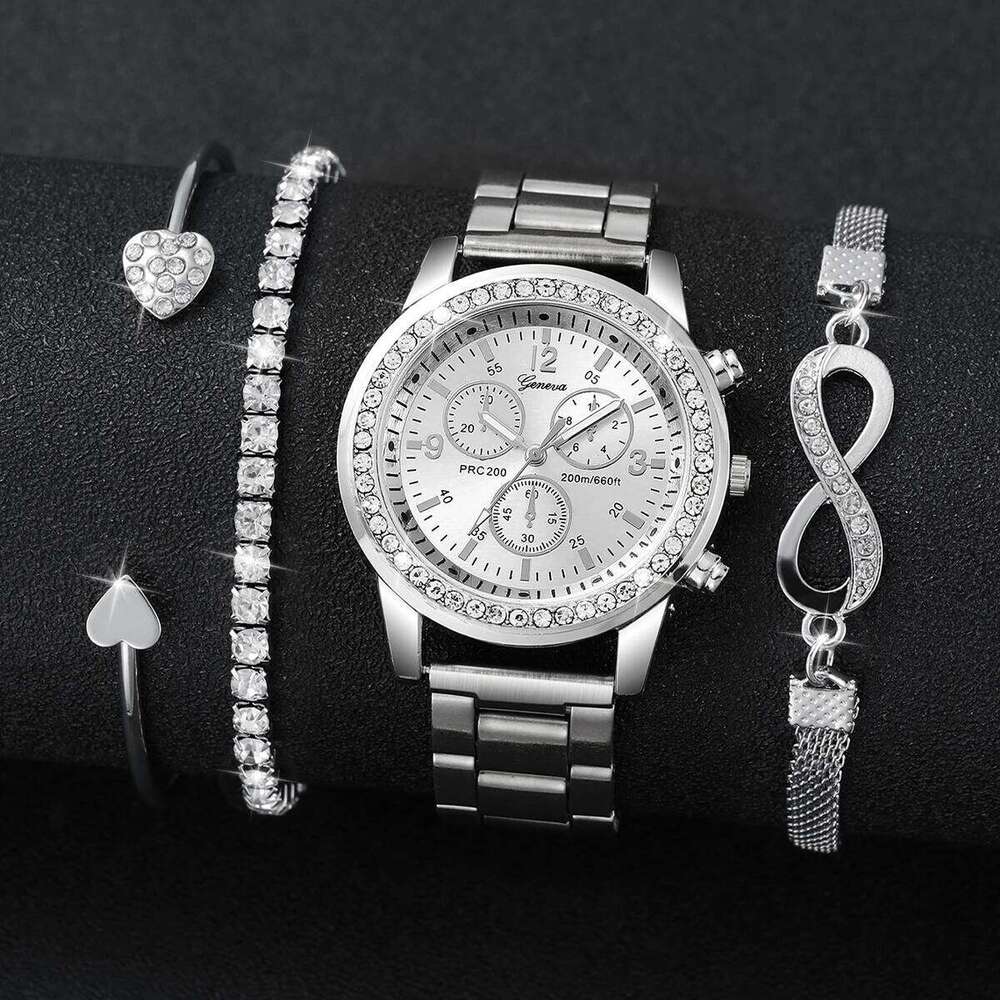 4PCS/Set Fashion Rhinestone Womens Watch Stainless Steel Band Quartz Watches Silver Bracelets Set Z260206