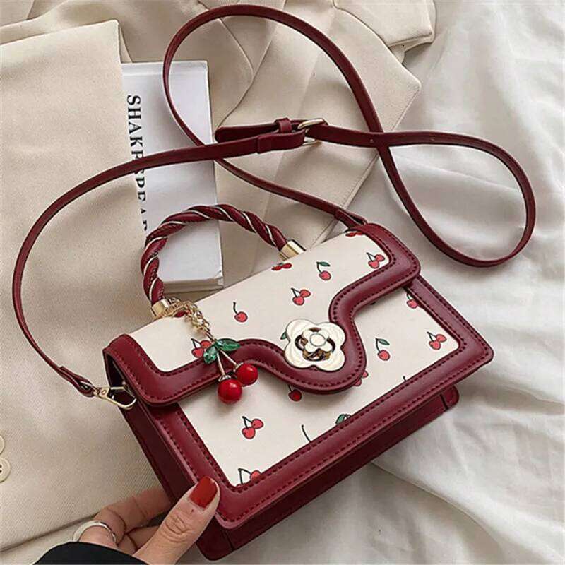 High End Pu Cherry Print Square Tote Bag, Versatile Stylish Shoulder Crossbody Bags for Women Teen Girls Shopping, Work, Dating Y260205
