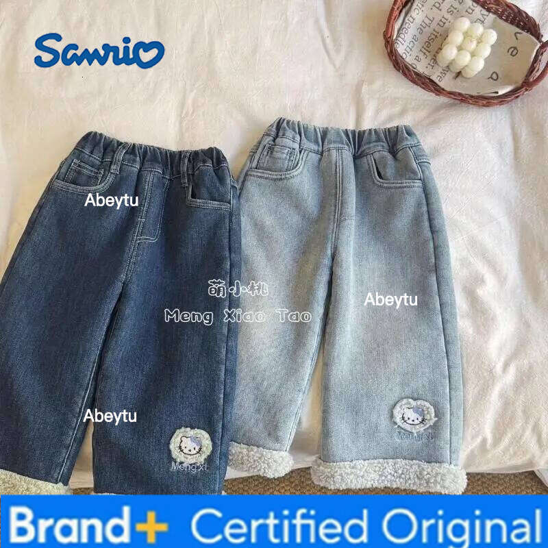 Sanrio Hello Kitty Alpaca Wool Fleece Lined Jeans for Girls and Children Autumn Winter Korean Style Sweet Fashion Denim Pants H260206