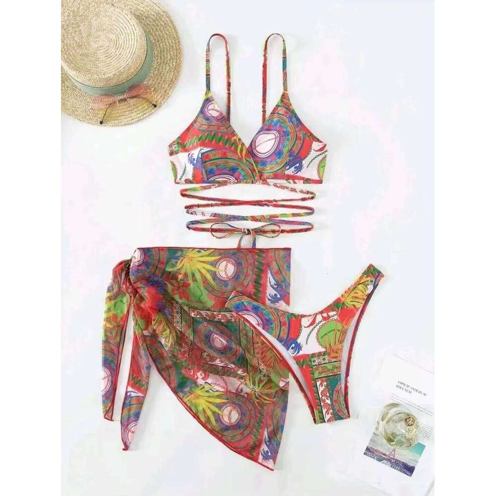 3 Pieces String Bikinis 2025 Women Sexy Swimsuit With Skirt Printed Swimwear Female Bathers Bathing Swimming Swim Suit Beachwear XJ260206