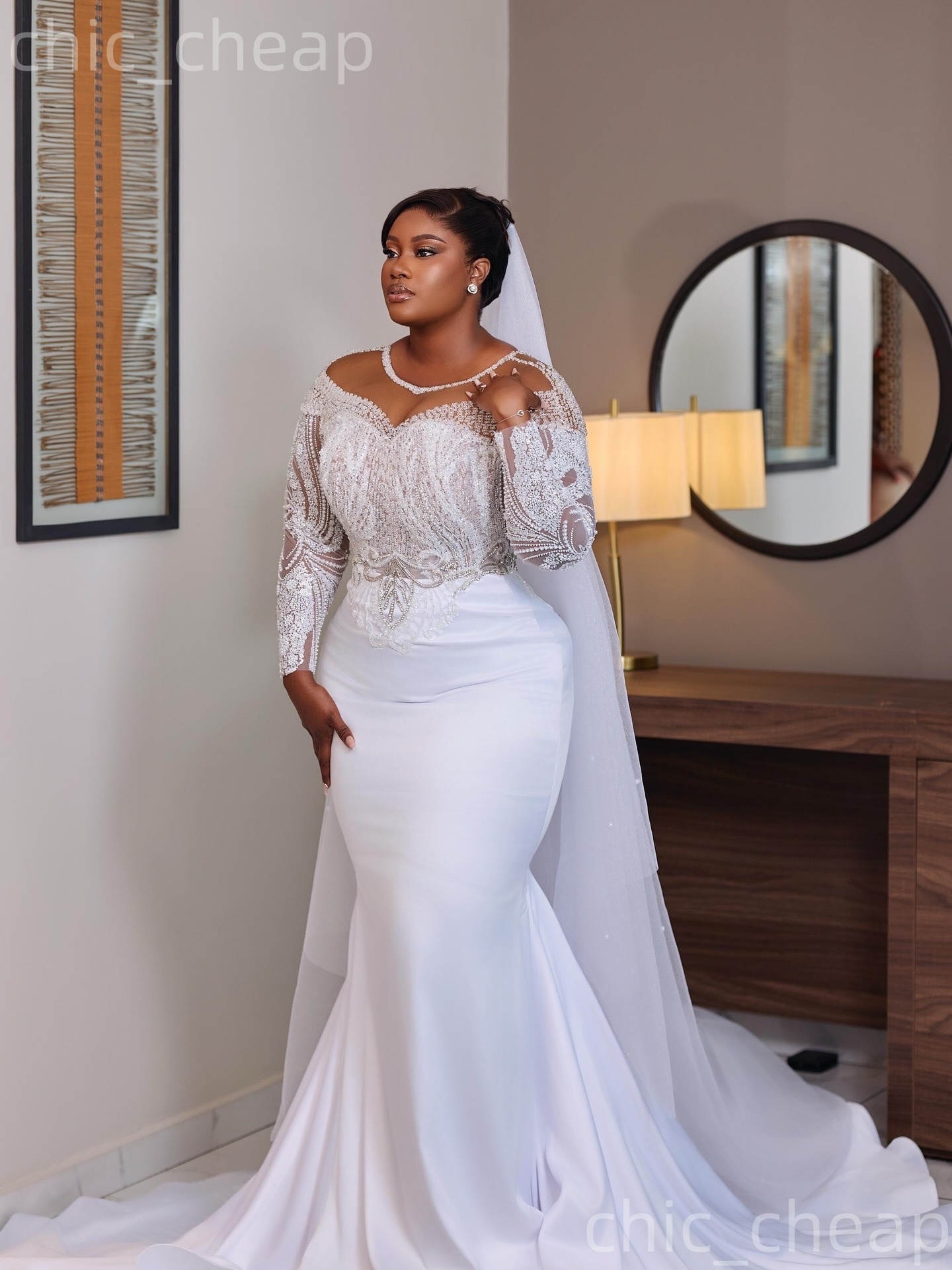 African Aso Ebi 2026 White Mermaid Wedding Dress Beaded Lace Sheer Neck Long Sleeves Satin Charming Elegant Bridal Gowns Dresses ZJ233w
