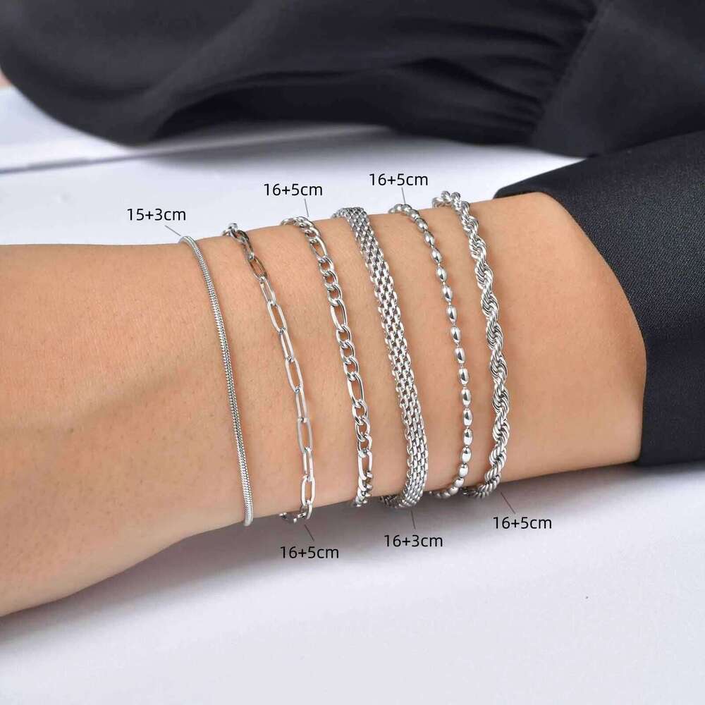 Dainty Stainless Steel Silver Color Bracelets For Women Girls Simple Twisted Snake Beads Chain Wrist Jewelry Set Gifts 26H0206