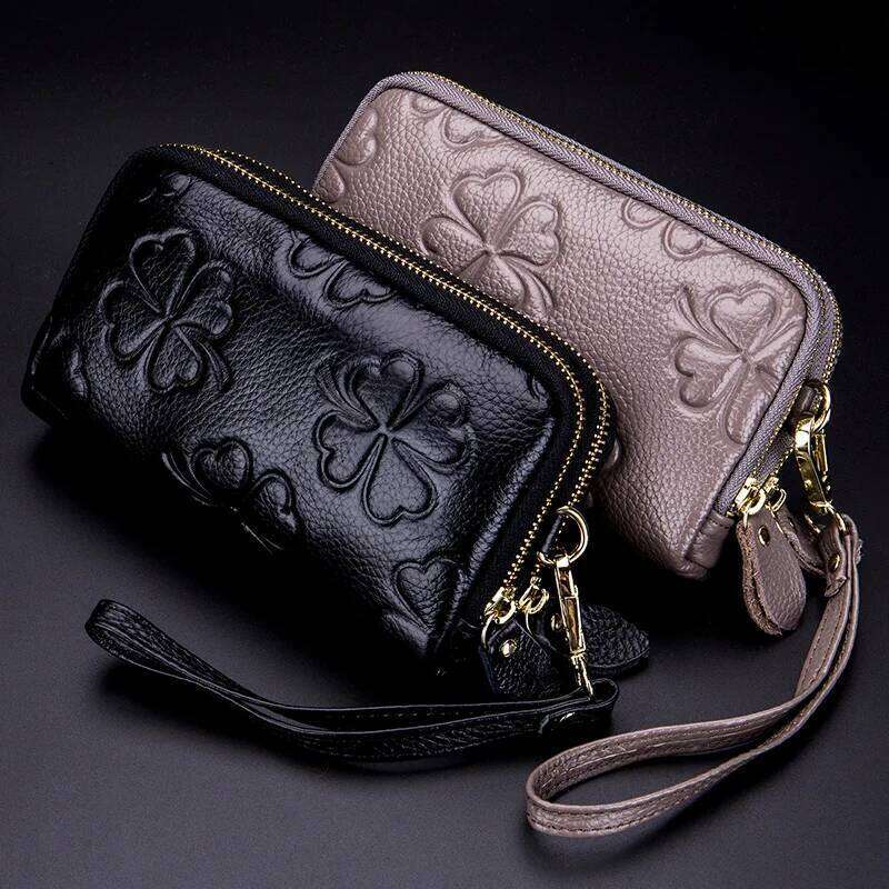 Real Leather Women Long Wallet Ladies Double Zipper Coin Purse Four-Leaf Clover Card Holder Female Cute Money Bag Luxury Clutch Y260206