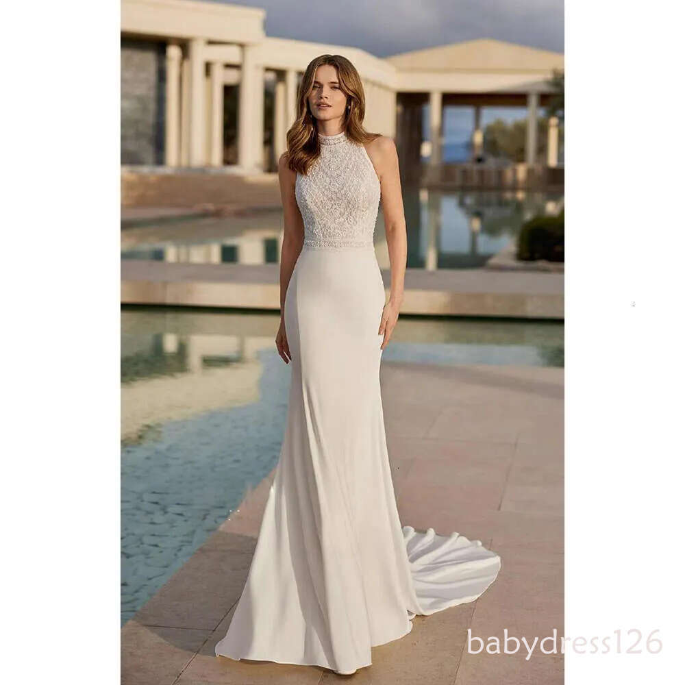 Elegant Women White Halter Sleeveless Backless Appliques Court Train Fashion and Custom Wedding Formal Dress