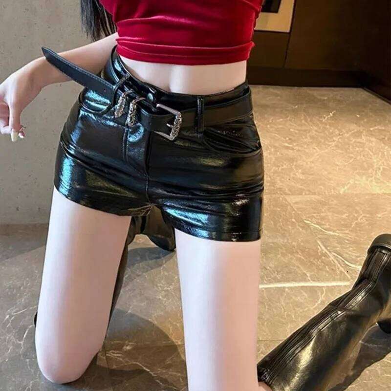 American Style Hottie Black Skin Casual Women Spring Bright Surface High Waist Tight Fitting Hip Sashes Comfortable Shorts H260206