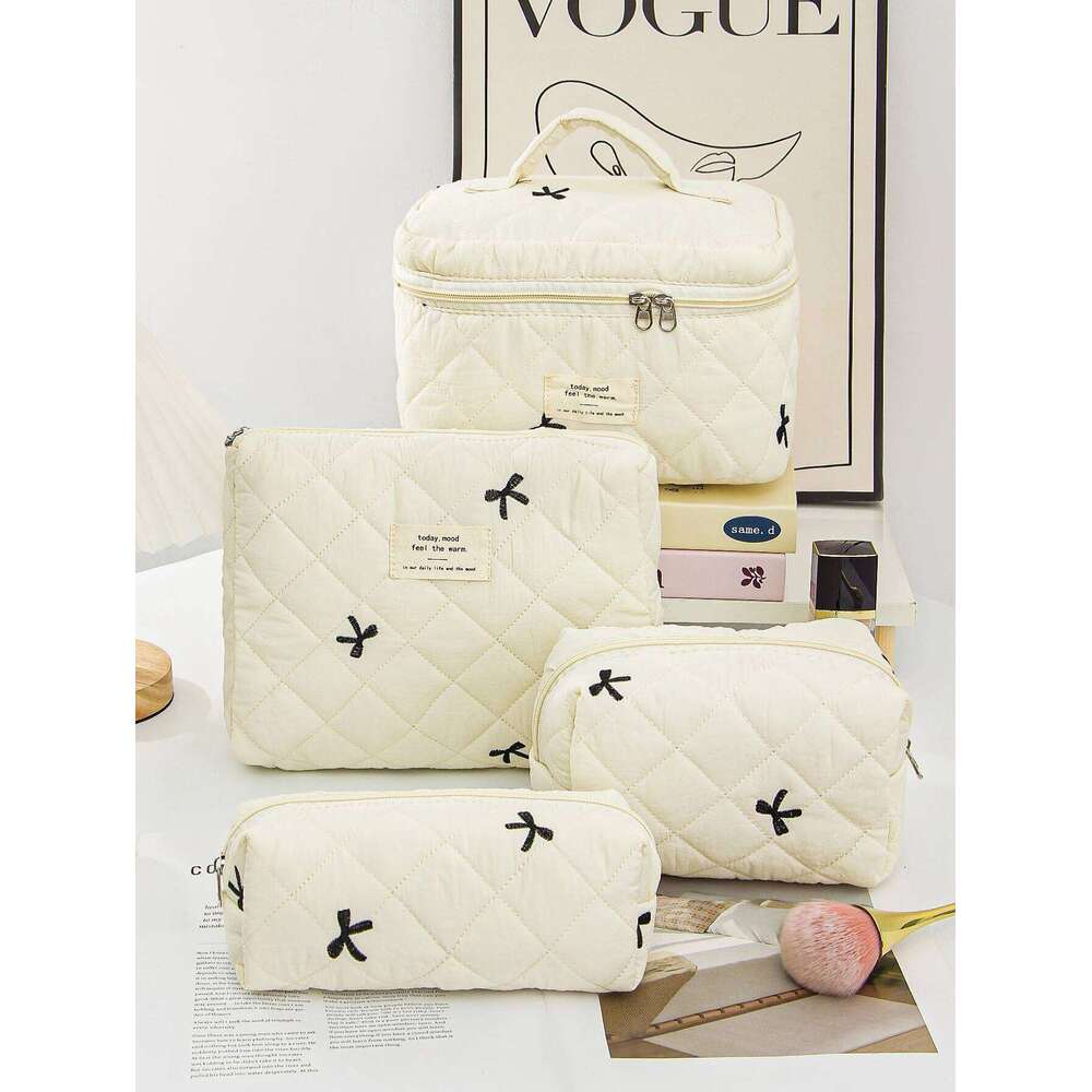 1pc/set beige bow quilted large capacity zipper bag, multifunctional travel storage makeup bag Y260206