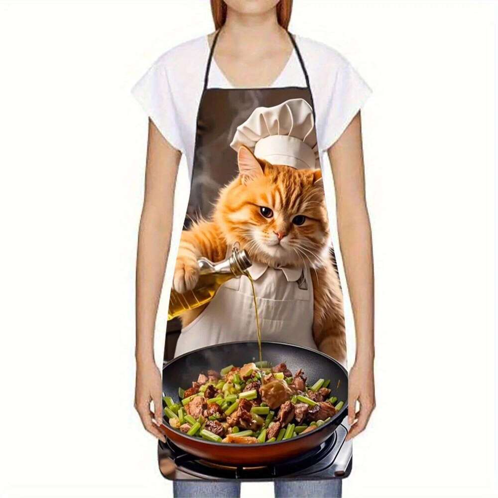 1pc Whimsical Cat Chef Apron - Playful Orange Tabby Cooking Design, Polyester, Short Sleeve, Lightweight, Ideal for Home Baking S260205