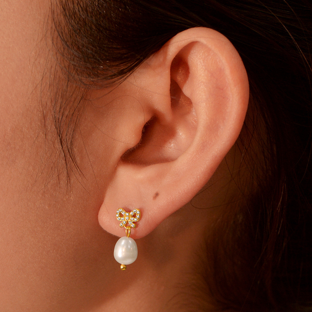 925 sterling silver elegant diamond-studded bow natural pearl for women, light luxury ins fresh style earrings