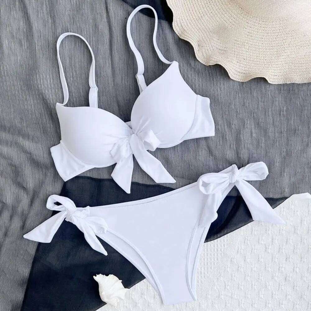 Women Summer Bikini Padded Sling Bowknot Lace-up Bra High Waist Swim Briefs Set Solid Color Beach Swimsuit Female Swimwear Z260206