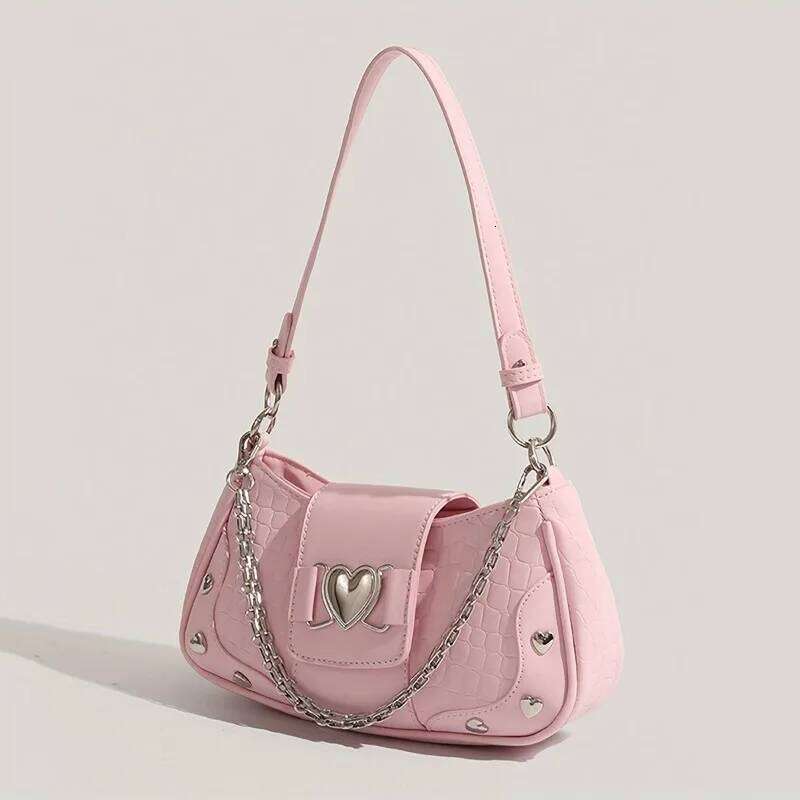 Fashionable Y2K Hot Girl Handbag, Motorcycle Style Solid Color Women's Bag, Commuting Heart Chain Shoulder Armpit Bags Y260205